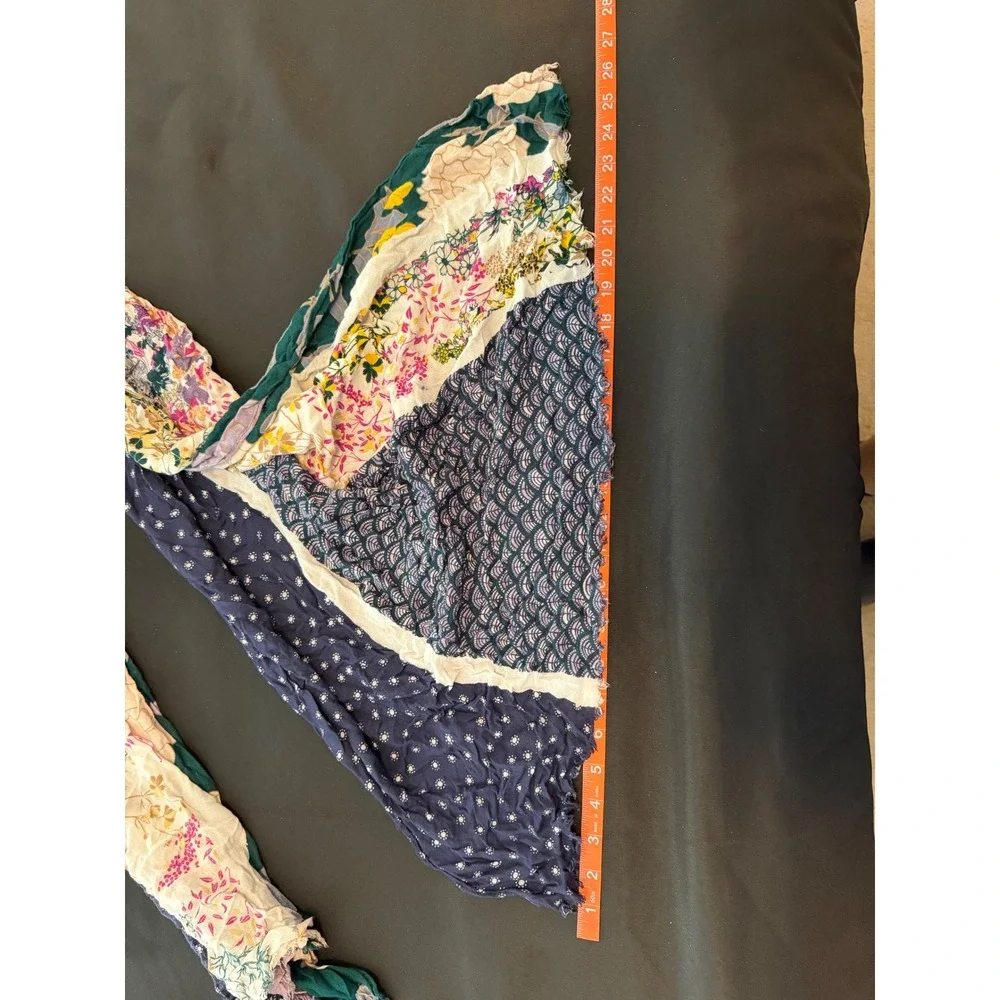Boho Patchwork Floral Scarf Navy Blue Pink Mixed Print Raw Edge Lightweight